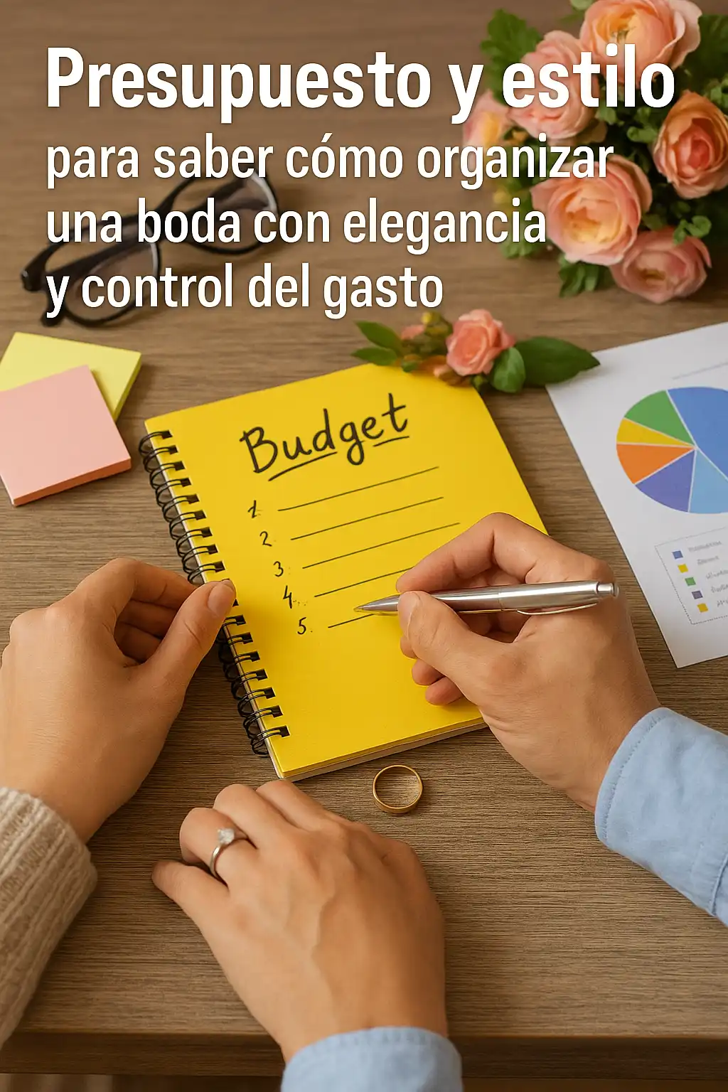 "Pareja revisando presupuesto de boda con cuaderno y gráficos, simbolizando cómo organizar una boda con elegancia y control del gasto." 