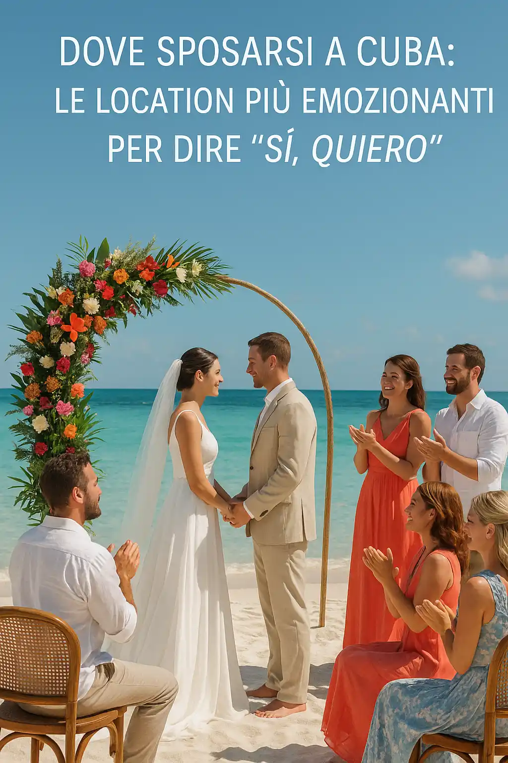 Dove sposarsi a Cuba con cerimonia sulla spiaggia sotto arco floreale “Sí, Quiero”