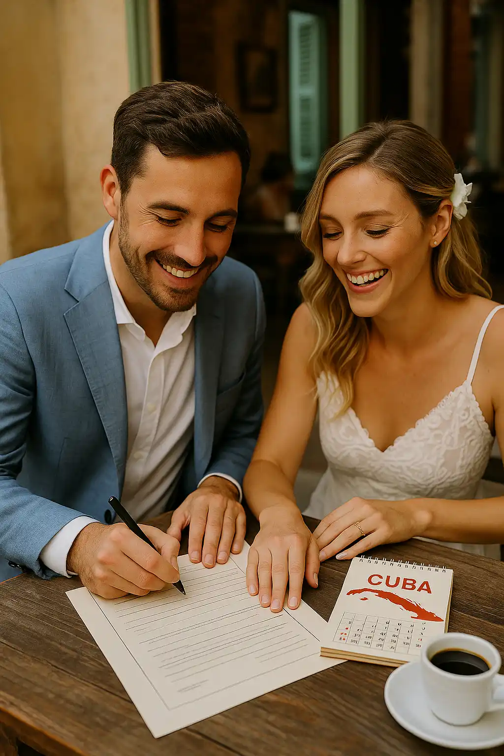 Come funziona sposarsi a Cuba con coppia che firma documenti in caffè cubano