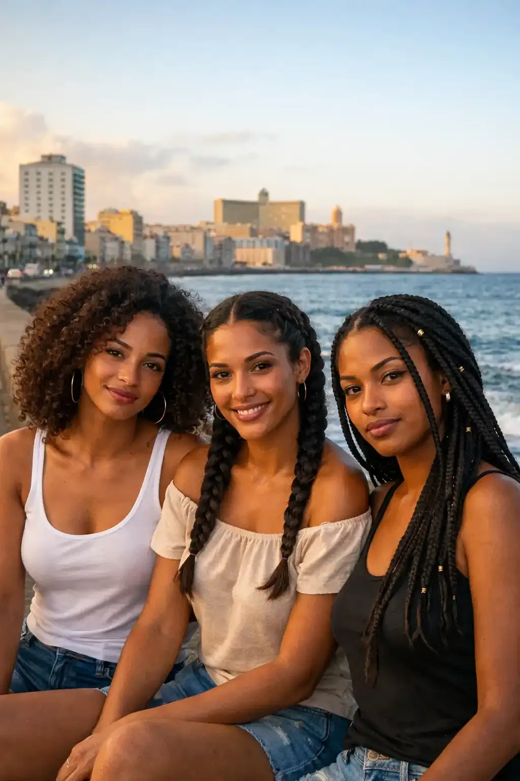 donne cubane con capelli ricci e trecce lunghe sedute sul Malecon dell’Avana al tramonto in stile naturale e autentico