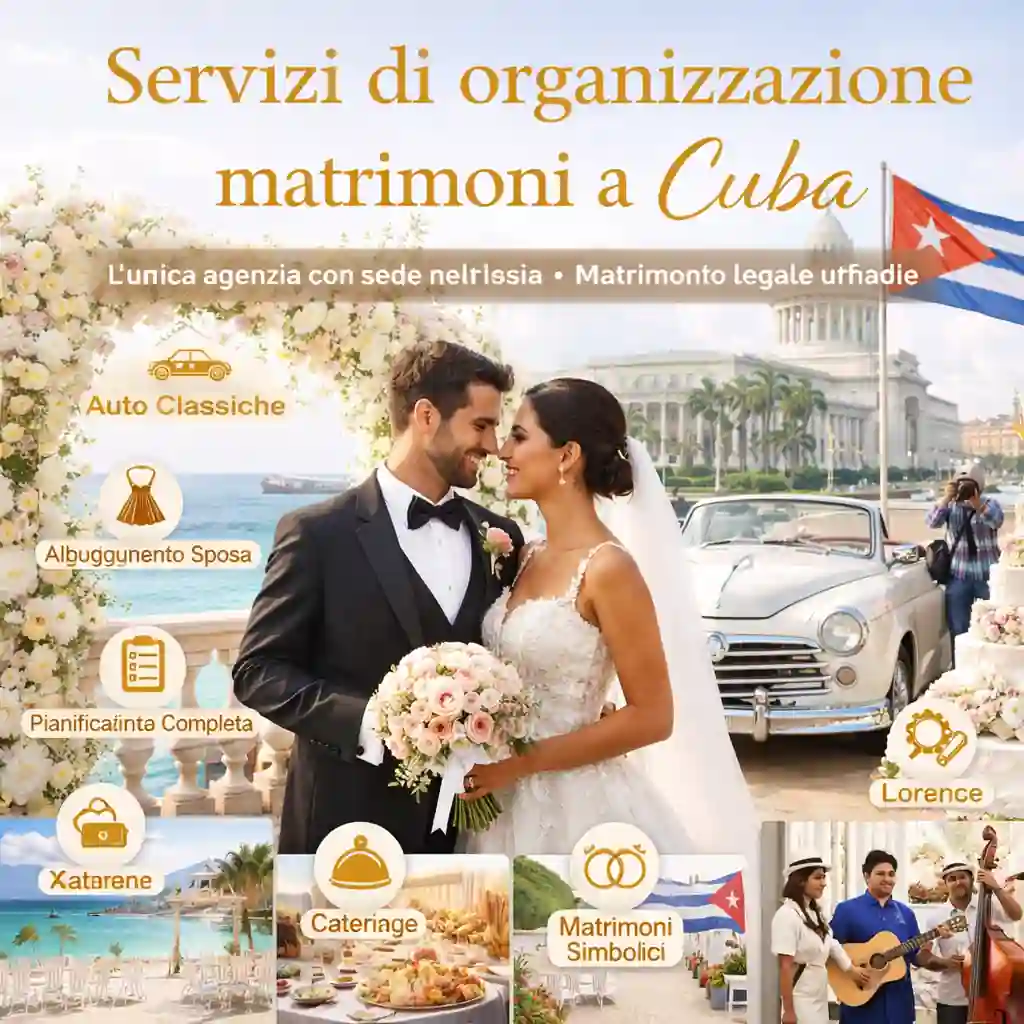 servizi di organizzazione matrimoni a cuba panoramica servizi wedding havana coppia sposi auto classica catering decorazioni location matrimonio cuba
