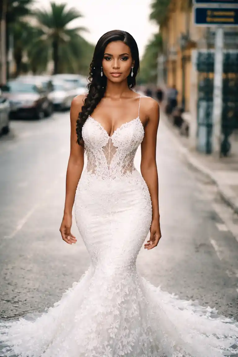 abito da sposa stile sirena a Cuba con modella cubana su 5a Avenida de La Habana con treccia laterale e scollatura elegante