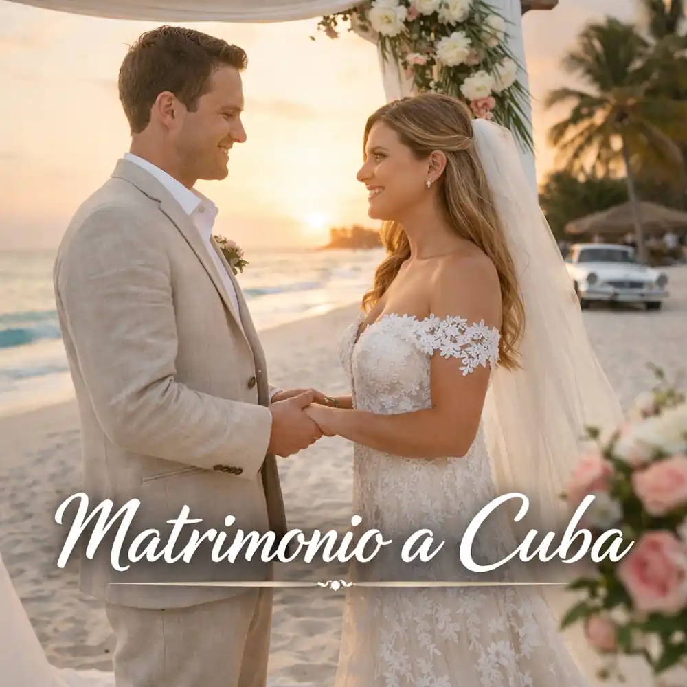 Matrimonio a Cuba vista ravvicinata coppia elegante su spiaggia caraibica al tramonto durante cerimonia romantica