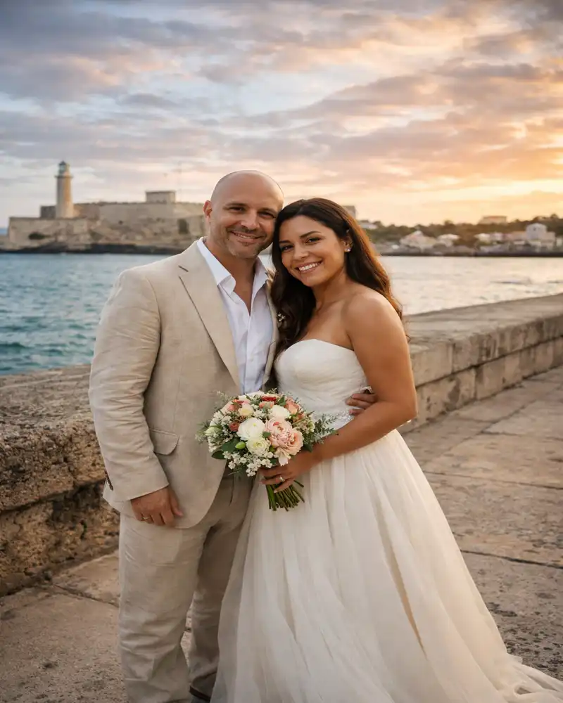 sposi a cuba matrimonio reale all’Avana coppia con sposa cubana e sposo calvo evento romantico sul mare