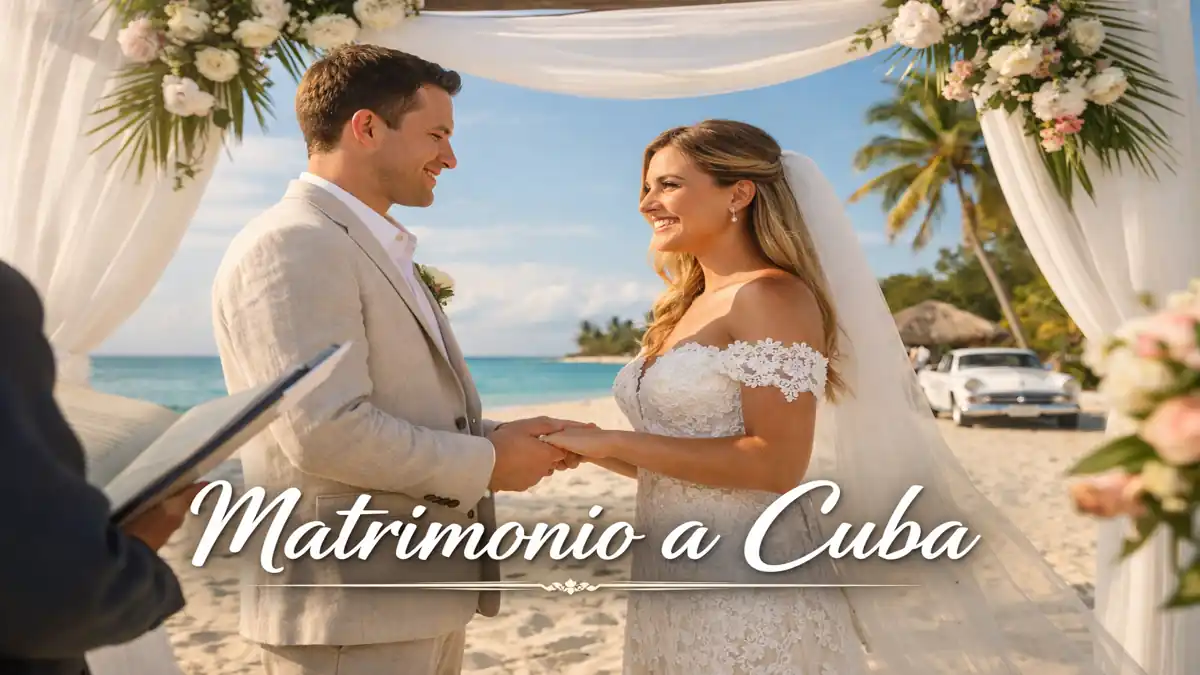 Elegante scena di matrimonio a Cuba sulla spiaggia: una coppia si scambia le promesse sotto un arco floreale con vista sul mare caraibico, in un’atmosfera romantica e tropicale al tramonto.