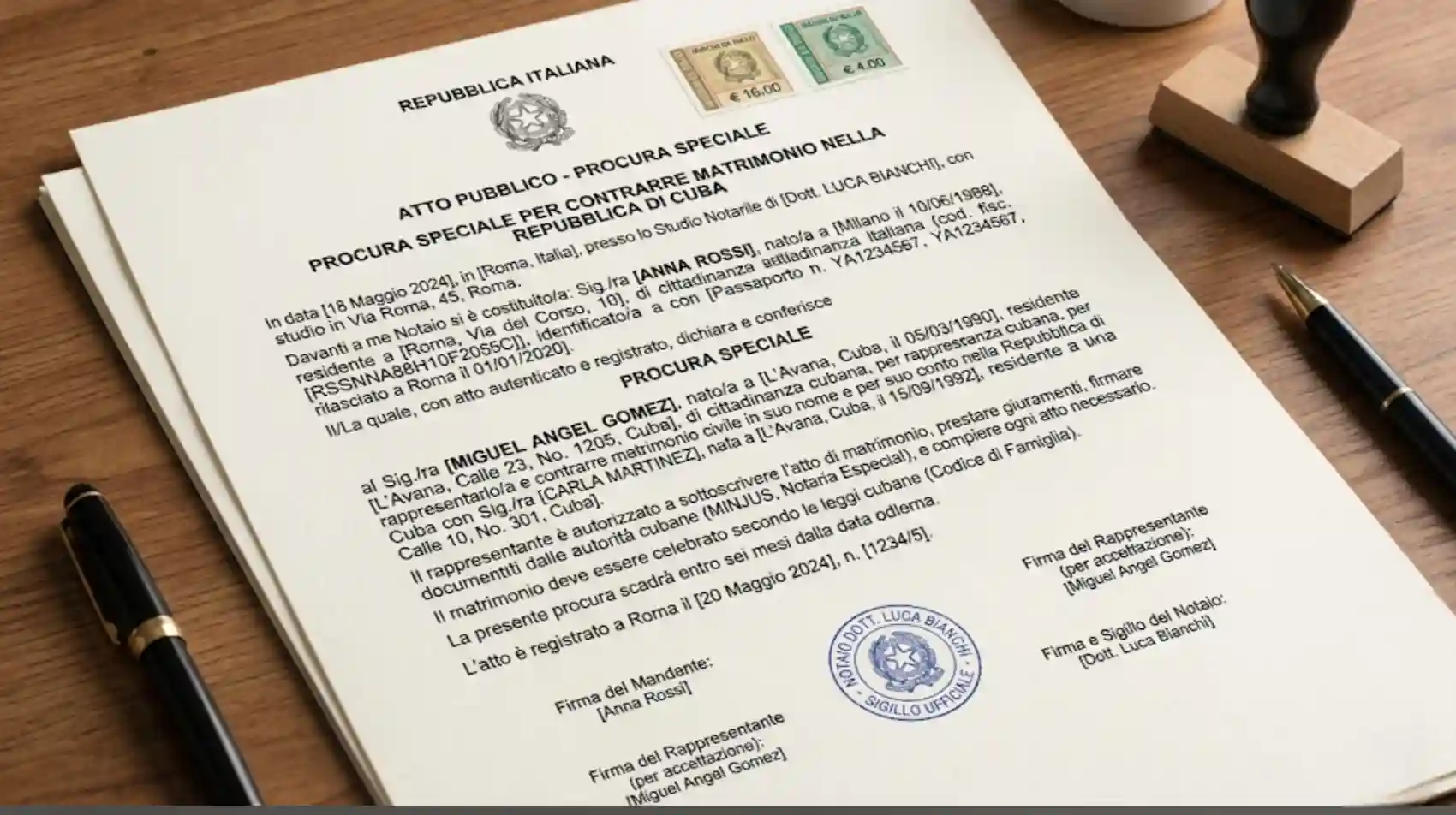 Fac simile di procura per matrimonio a Cuba con dati del delegante, clausole notarili e documenti necessari per la celebrazione del matrimonio.